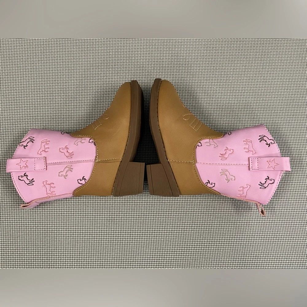 Kids Pink & Tan Western Cowboy Boots - Cute Horse Print